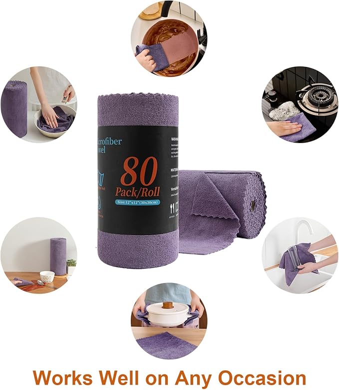 Tigona 80 Pack Microfiber Cleaning Cloth Roll,Lint Free Rags & Tear Away Reusable Towels Washable Scratch,Ultra Absorbent Dish Rags(12" x 12") for Car Kitchen Home Garage-Dark Purple