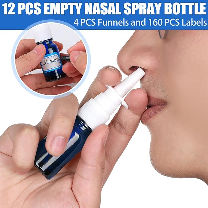 20 Pcs Nasal Spray Bottle, 10ML/0.35OZ 12 Pcs Glass Bule Refillable Empty Nasal Spray Bottles with 4 Pcs Funnels and 4 Pcs Labels
