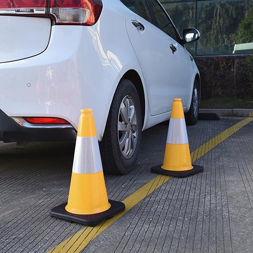 Fluorescent Orange/Green PVC Traffic Cones, Heavy Black Base Parking Lot Cone Structurally Stable Weatherproof Road Construction Safety Cones (4, Yellow, 18" Medium)