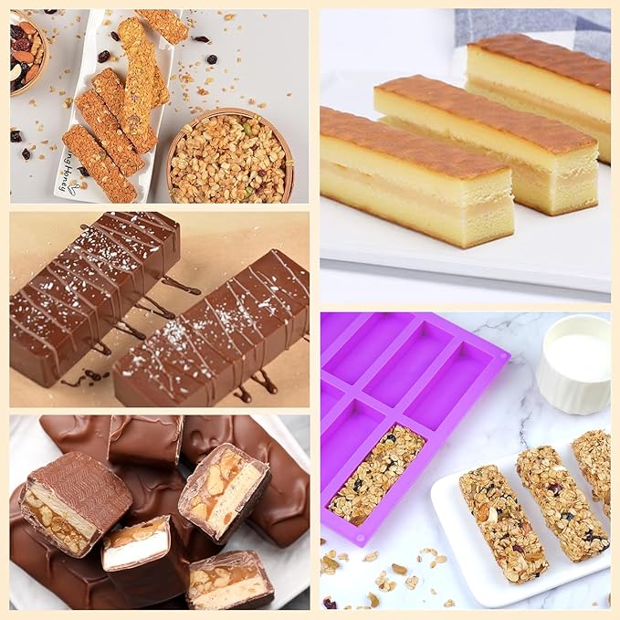 Rectangle Granola Bar Silicone Molds(8 Cavity),1 Inch Deep Chocolate Bar Baking Mold For Food,Homemade Snacks Cereal Protein Energy/Candy Bar - Set of 1