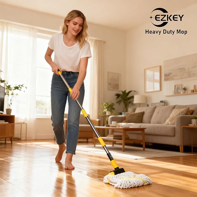 EZKEY Heavy Duty String Wet Mop for Floor Cleaning, Commercial Industrial Cotton Mops with Stainless Steel Long Handle for Home, Kitchen, Bathroom, Garage