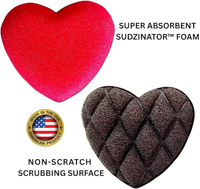 Jetz-Scrubz Heart Shaped Dual-Sided Kitchen Scrubber Sponge, Red and Black, Non-Scratch, Super Absorbent, 5x4.25x1 Inch, Made in USA