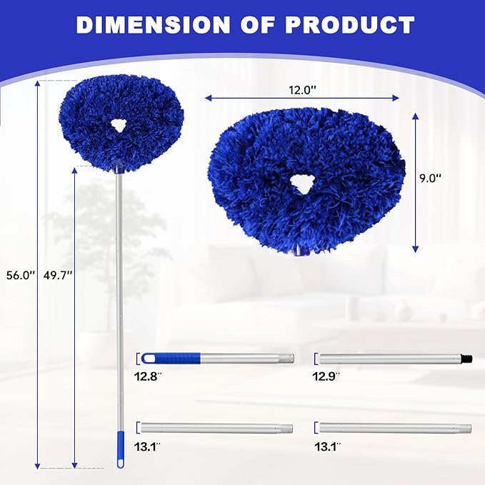 Heonay Ceiling Fan Cleaner Duster Reusable Microfiber Ceiling Fan Blade Cleaner Removable Duster with Extension Pole Adjusts 13 to 49.7 Inch for Cleaning Walls Furniture Door Window Top (Dark Blue)