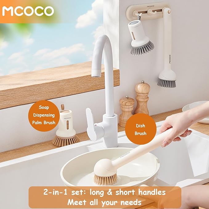 MCOCO Dish Brush Set with Soap Dispensing Palm Brush Dish Scrub Brush with Soap Dispenser Palm Dish Brush Kitchen Cleaning Brush with Ergonomic Long Handle for Cleaning Sink, Pot, Pan, Stove, White
