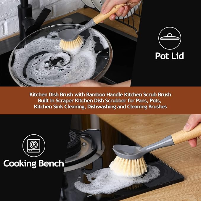 Mimorou 8 Pieces Kitchen Dish Brush with Bamboo Handle Scrub Brush Built in Scraper Dish Scrubber for Pans, Kitchen Sink Cleaning, Dishwashing