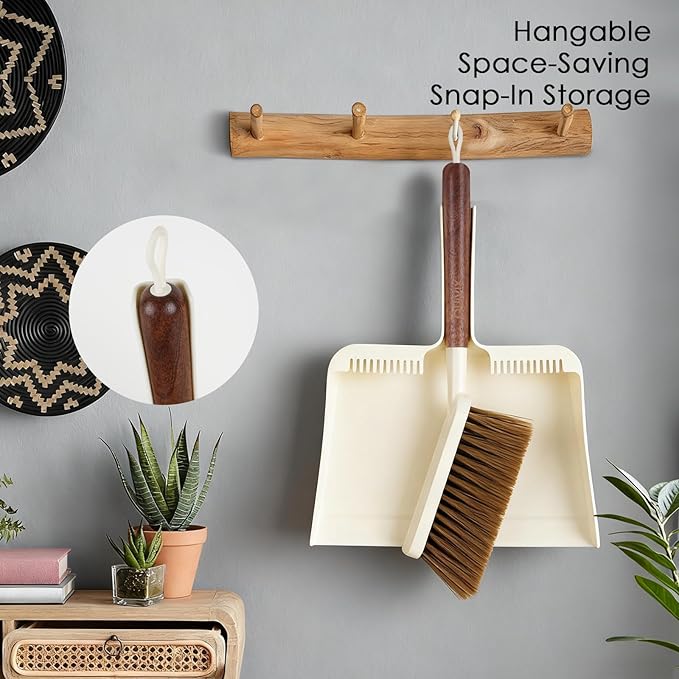 QUIVIX Hand Broom and Dustpan Set,Portable Small Dustpan and Brush Set with Sapele Wood Handle,Teeth Design,Compact Hangable Broom with Dustpan for Cleaning Desktops Kitchen Sofa Pet Hair,Beige