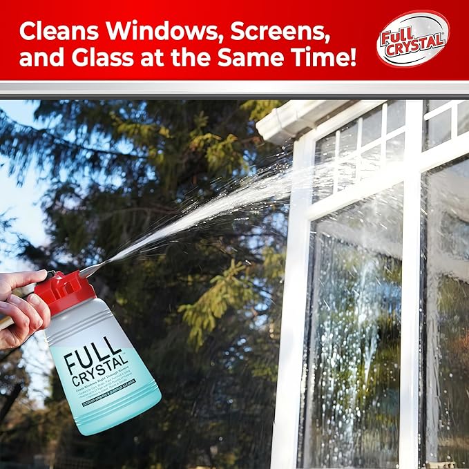 Full Crystal Window Cleaning Kit- 4 oz Glass Cleaner and Bottle with 27ft Reach will clean up to 20 Windows- Scrub Free, Rinse Free Glass Cleaner Spray Removes Dirt, Grime and Water Deposits