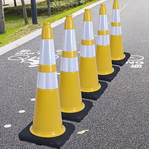 Fluorescent Orange/Green PVC Traffic Cones, Heavy Black Base Parking Lot Cone Structurally Stable Weatherproof Road Construction Safety Cones (4, Yellow, 28" Large)