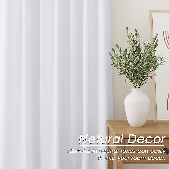 Full Blackout Linen White Curtains 90 Inches Long for Living Room, Patio Sliding Door Back Tab 100% Black Out Bedroom Curtains Pure White Boho Elegant Modern Cosatal Window Curtain Panels Set of 2