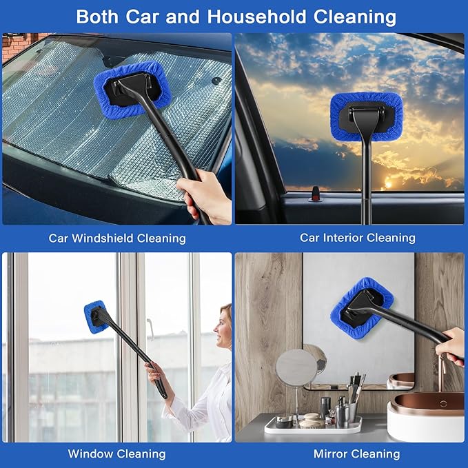 Frienda 2 Set Windshield Cleaner Tool Inside Car Windshield Cleaning Wand Auto Window Cleaner with Detachable Handle, 8 Reusable Microfiber Pads and 2 Spray Bottles for Car Interior(Blue)
