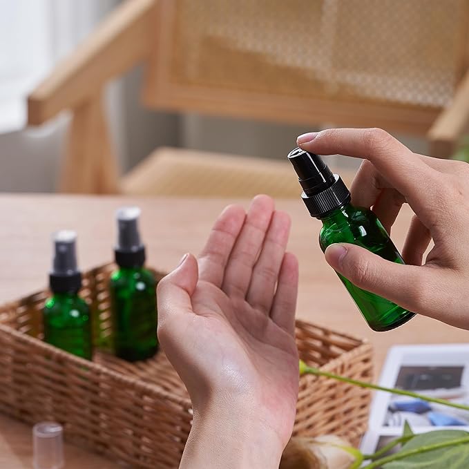 2 oz Glass Spray Bottles, Reusable Fine Mist Sprayer Small Spray Bottle, Leak-Proof Design, Perfect for Travel, Skin Care, Perfumes, Botanical, Cleansing (Green, 2oz-12pcs)