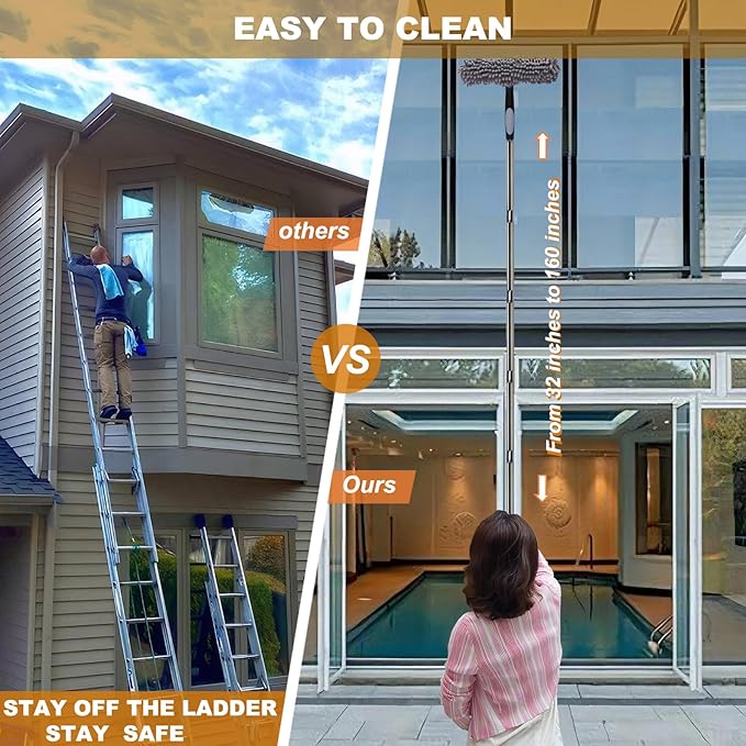 20+ Feet Reach 2 in 1 Window Washing Squeegee & Duster with 3-13 ft Splicable Extension Pole // Window Cleaning Tool & Window Washer Squeegee for Home Indoor Outdoor Window Washing (Grey)