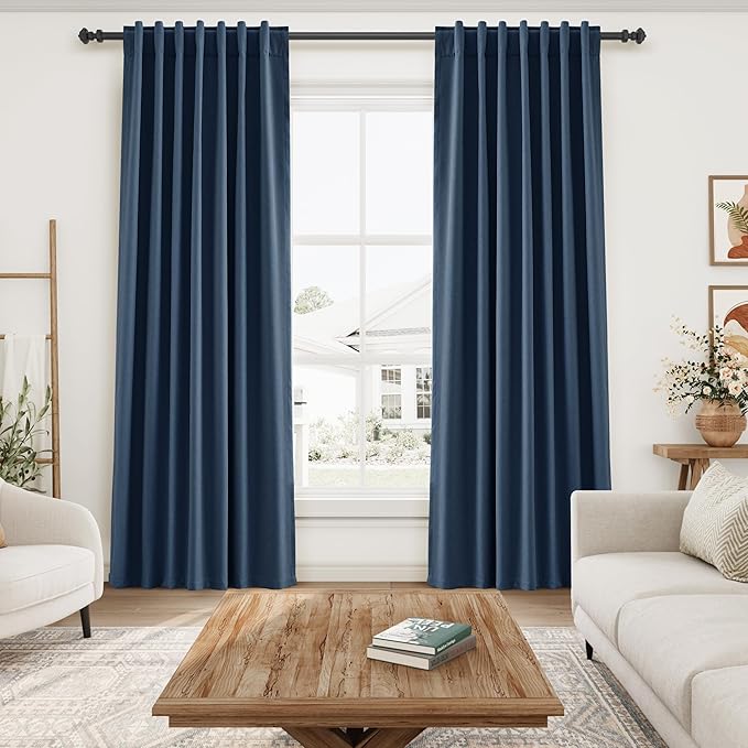 Denim Blue 108 Inches Long 2 Panel Set Linen Blackout Curtains Back Tab Pocket Cotton Texture Room Darkening Thermal Insulated Sound Proof Curtains for Bedroom Cottage High Windows 52x108
