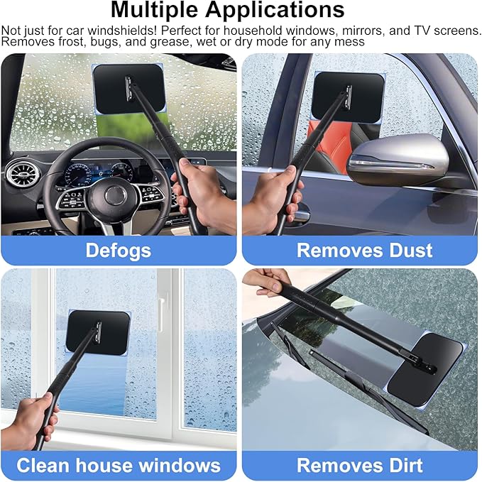 Windshield Cleaner Tool, Windshield Cleaning Wand Auto Window Cleaner Kit with Detachable Handle, 4 Microfiber Velcro Stick Pads and 1 Spray Bottle, Glass Wiper Kit for Windshield,Trucks,SUVs,RVs,Home