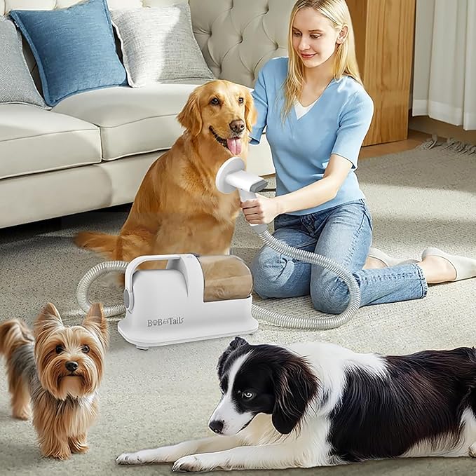 Bobotails Pet Grooming Vacuum Kit, 1.5L Dust Cup Dog Grooming Vacuum 8 in 1, Dog deshedding Brush with Clipper Low Noise Mess-Free for Shedding Pet Hair, Home Cleaning (White)