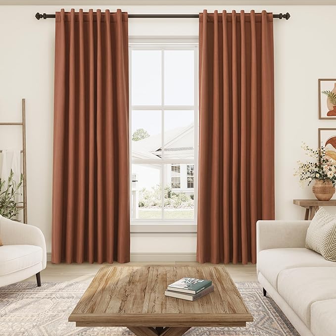 Nanspring Terracotta Linen 100% Blackout Curtains 95 inch Length Back Tab Rod Pocket Drapes Thermal Insulated Textured Living Room Black Out Curtains 2 Panels Set 52x95