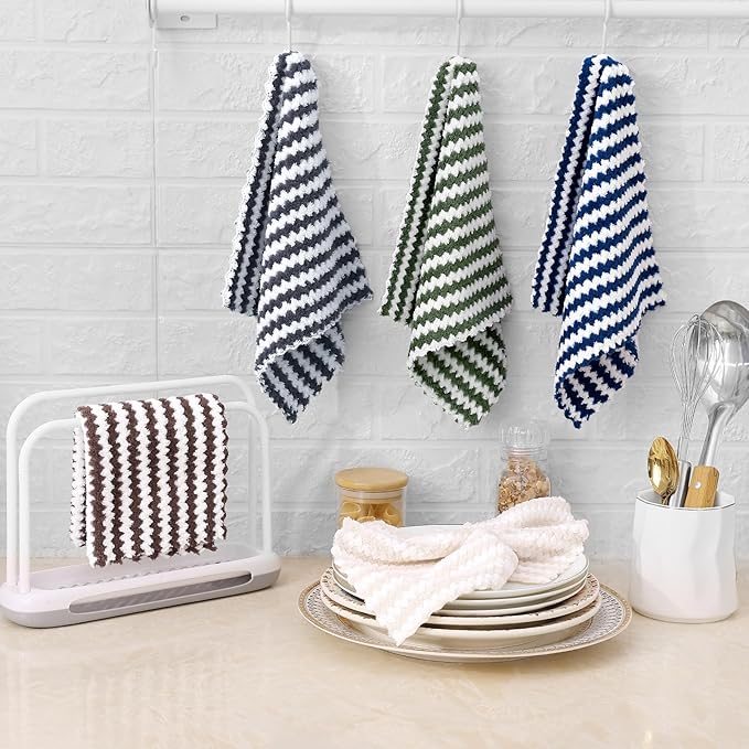 Homaxy 12 Pack Kitchen Dish Cloths, Ultra Soft and Absorbent Dish Towels, Reusable Fast Drying Microfiber Cleaning Cloth, Coral Velvet Wave Design No-lint, 10 x 10 inches, Beige
