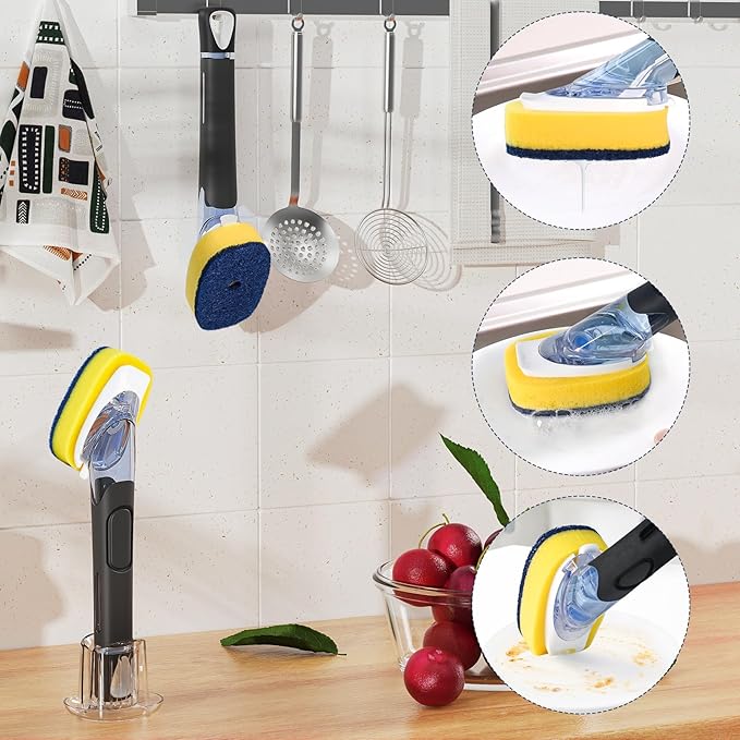 Dish Brush with Soap Dispenser Storage Set with 2 PCS Sponge Refills & Holder, Soap Dispensing Dish Brushes, Sponge with Soap Dispenser Handle, Dish Sponges with Handle for Dishes Pans Pots Sink