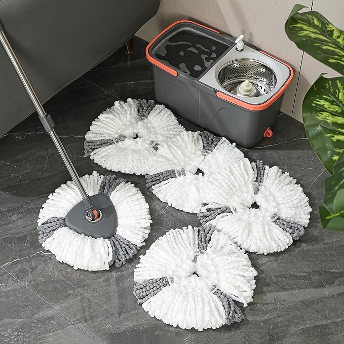 HOLJUS Spin Mop and Detachable Bucket Set with 5 Reusable Microfiber mop Head Dual-Chamber Water System Spining Mop Floor Cleaning Kit for Hardwood Tile Laminate Floors (Gray)