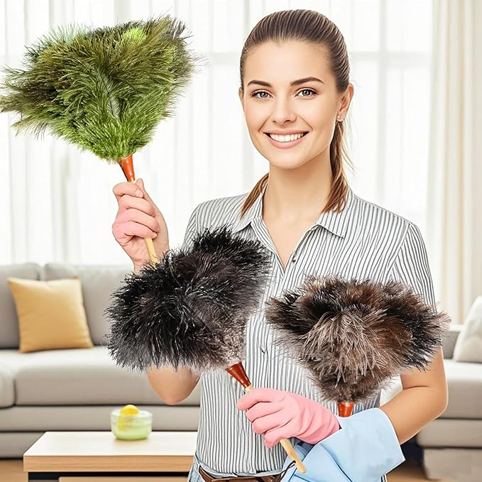 Natural Good Ostrich Feather Duster with Bamboo Handle, Electrostatic Dust Remove for Ceiling,Fans,Bookshelves, Sofa, Windows, Fit for Home, Office and Cars
