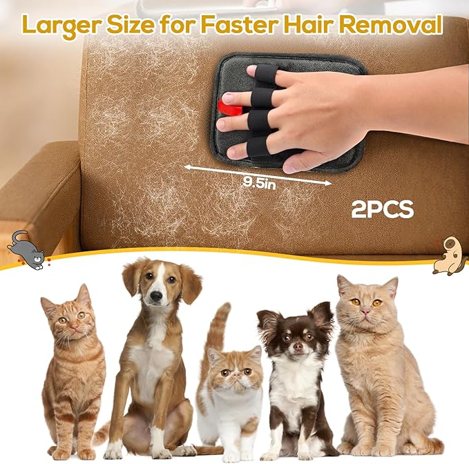 BABORUI Pet Hair Removal Glove - 2 Pack Electrostatic Gloves Pet Hair, Remover Glove Lint Rolls into Strips, Cat and Dog Hair Remover Tool for Furniture, Car, Couch, Carpet, Clothes