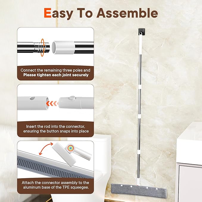 Floor Squeegee for Concrete Floors, 180° Rotating Silicone Broom, Squeegee for Floor with a 62" Handle, Includes 2 Cleaning Cloths, Water and Pet Hair Remover for Bathroom Floors, Tile, Deck and Glass