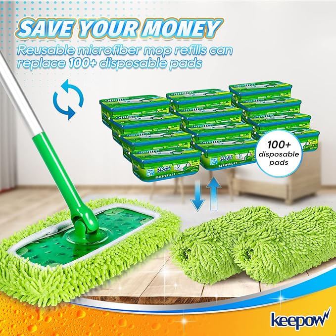 KEEPOW Dry Sweeping/Wet Mopping Cloths for Swiffer Sweeper, Reusable & Washable Microfiber Mop Pads Refills for Hard-Surface/Hardwood Floor Cleaning, 6 Pack (Mop is Not Included)