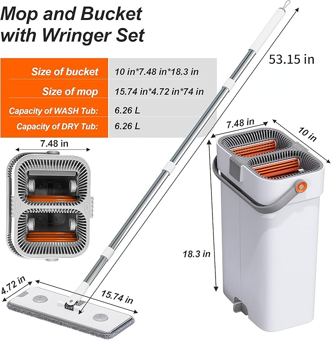 CTIME Large Mop and Bucket Set, 7-Layer Scrapers, Flat Mop and Bucket System, Wall Mop with Adjustable Handle, 7 Washable 15.74" Microfiber Pads