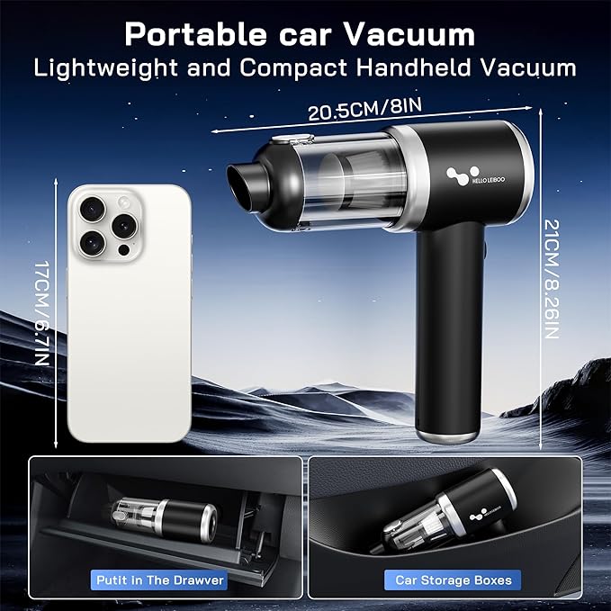 helloleiboo Handheld Car Vacuum Cleaner 16000PA Car Vacuum Portable Cordless 120W High Power 4-in-1 Mini Vacuum Cleaner Rechargeable & Air Duster Multi-Nozzles for Home Office Pet๏ผBlack๏ผ