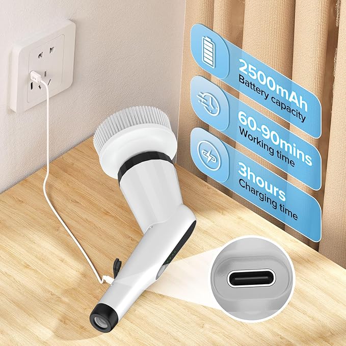 WKY-Electric Spin Scrubber - Upgraded 12-in-1 IPX7 Waterproof Shower Scrubber, Retractable Handle & 2-Speed for Toilet, Bathroom, Bathtub, Tile Floors