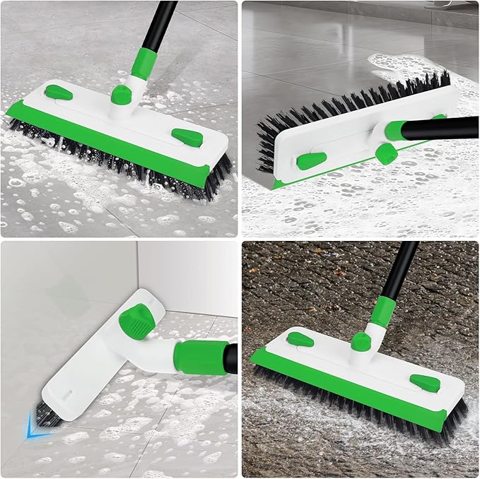 Floor Scrub Brush with Long Handle, 3-in-1 Floor Scrubber Brush with Squeegee Stiff Bristle Deck Brush for Cleaning Tile Bathroom Patio Deck Garage Grout