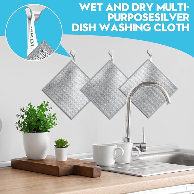 VMKBL 10 Pcs New Upgraded 3 Layers Non Scratch Wire Dishcloth, Multipurpose Wire Dishwashing Rags, Wet & Dry for Cookware, Sinks, Dishes, Stoves & Fireplaces (7.87 x 7.87-10pcs)
