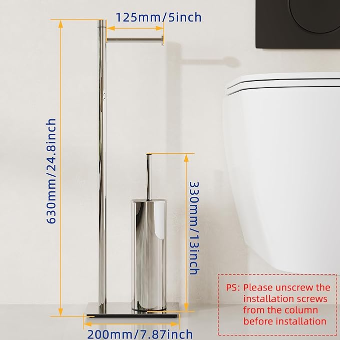 RUACQ Toilet Paper Holder Stand with Toilet Brush and Holder Set, 304 Stainless Steel Bathroom Toilet Tissue Paper Roll Holder Free Standing, Weighted Base, Heavy Duty (Chrome)