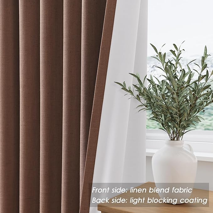 Caramel Brown Linen Blackout Curtains 120 Inch Length 2 Panels Set Burg Extra Long 10 Ft Back Tab Pocket Drapes Cotton Textured Total Sun Blocking Curtains for Living Room Cottage High Window 52x120