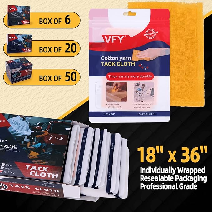 VFY Tack Cloth 20-PC, Individual Wrapping High Tack Yellow, 18"x 36" Size, 20x16 Mesh Tack Rags, Reclosable Zipper Bag, Wax & Silicone Free Anti-Static for Woodworking, Automotive Painting & Sanding