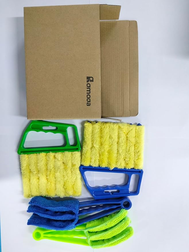 Romooa 4 Pcs Window Venetian Blind Cleaner Duster Tool 7 Finger Blind Rush and Shutter Cleaner Brush Hand-held Window Shutter Air Conditioner Duster for Dirt(Green, Blue)