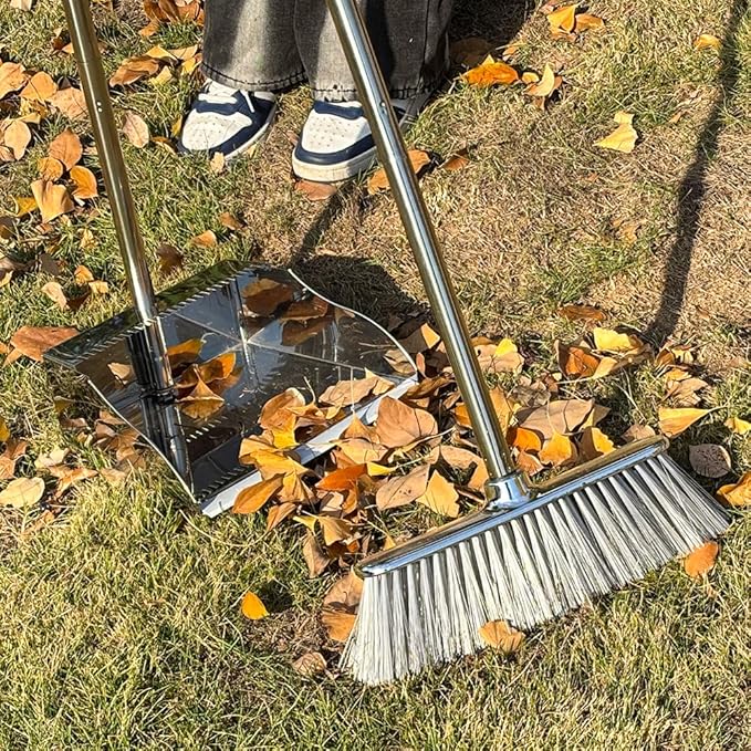 Metal Dustpan with Soft Bristles Broom Heavy Duty Stainless Steel Upright Standing Dust Pan and Broom for Sweeping Indoor Outdoor Home Kitchen Office Lobby Hardwood Floor Cleaning