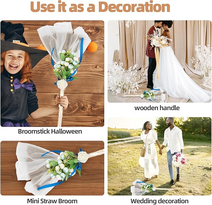 SISIMER Wedding Broom African Jumping Ceremony Decorative Broom DIY Wedding Decor, White Tulle Accents with Pearl Gold Ribbon Artificial Flower Bouquets