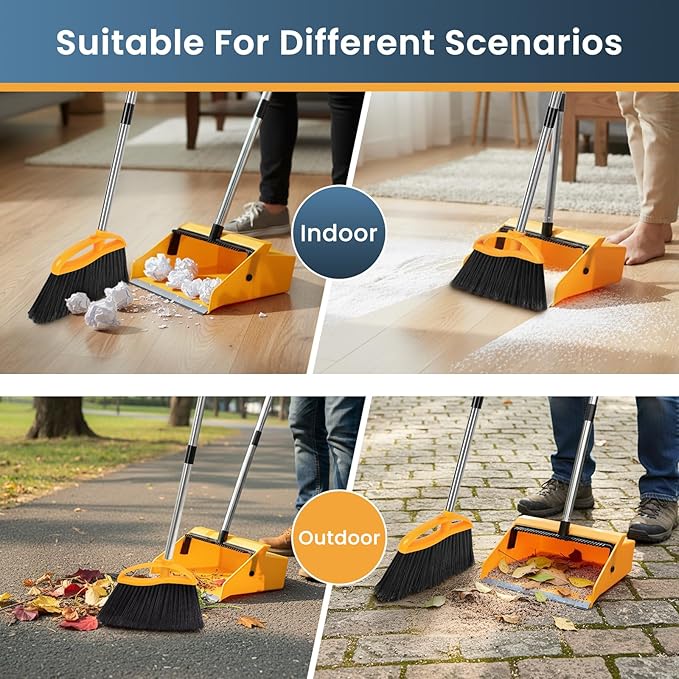 REEWII Commercial Broom and Dustpan Set,Long Handle Upright Heavy Duty Dust Pan Outdoor Indoor for Courtyards, Garages, Lobbies, Shopping Malls, Market Floors, Sidewalks, Classroom Floor Cleaning
