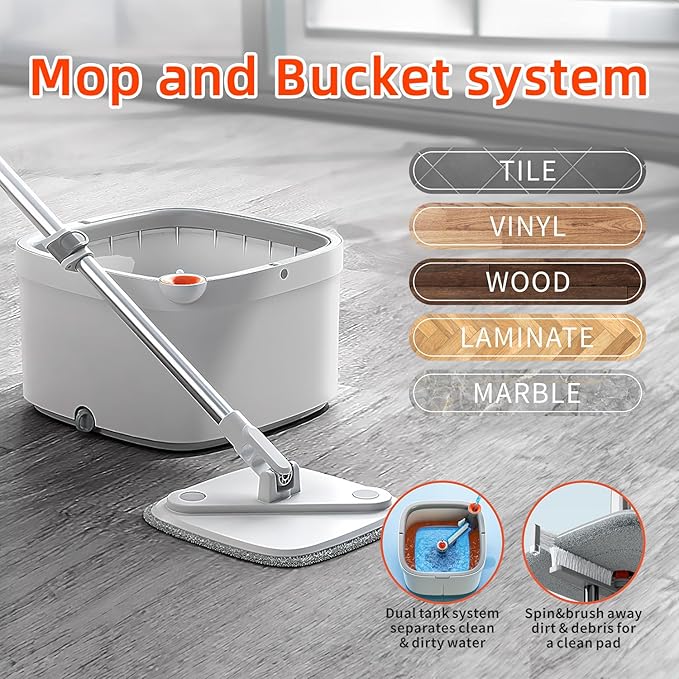 KZKR Spin Square mop and Bucket System with Wringer Set for Home with 2 Mop Pads (Grey,White)