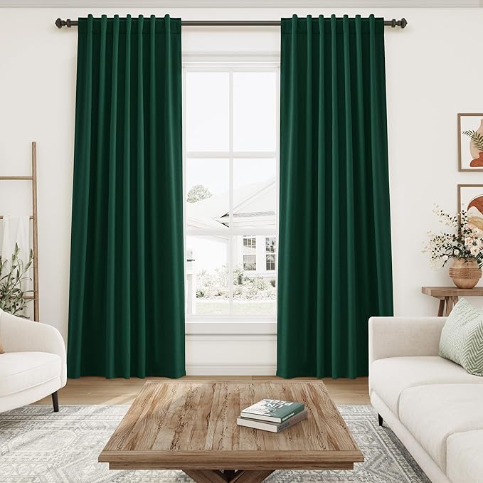 Dark Green Linen Curtain 108 Inches Long 2 Panel Set Blackout Curtains with Back Tab Pocket Cotton Textured Room Darkening Noise Reducing Drapes for Bedroom Cottage High Window 52x108