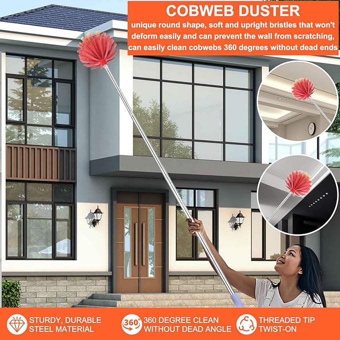 TOXYMHO Cobweb Duster with Extension Pole, 59" Adjustable Stainless Steel Pole, Washable Duster with Medium-Stiff Bristles for Ceiling Fan, High Ceilings, Blinds, Furniture, Kitchen, and Home Cleaning