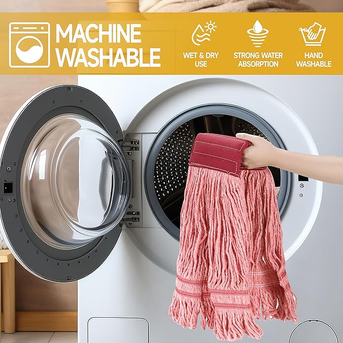ONESIMUS 30 oz Pack of 3 Cleaning Heavy Duty Industrial Commercial Grade Looped-End Mop Head Replacement,6'' Headband Cotton String Wet Mop Head Refills,Machine Washable Red Mop