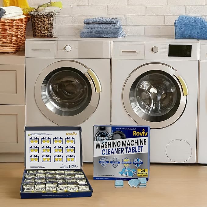 REVIV Washing Machine Cleaner Tablets – 24 Count, 12-Month Supply – Deep Cleaning & Odor-Removing Tablets for Front Load, Top Load & HE Washers – Biodegradable, Septic-Safe, Non-Toxic Descaler
