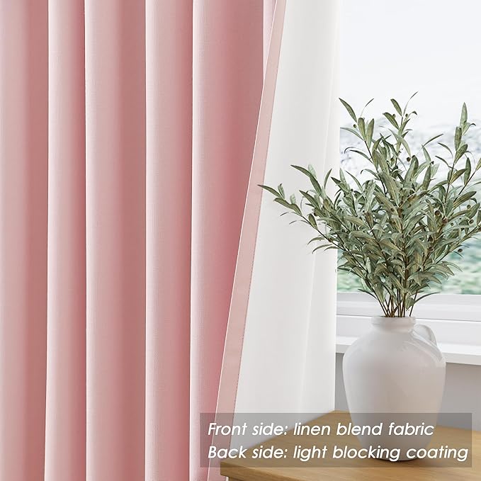 Nanspring Pink Linen Blackout Curtains 84 Inches for Bedroom Modern Farmhouse Living Room Draperies Cream Colored Thermal Insulated Full Shading Curtains for Sliding Door 52x84