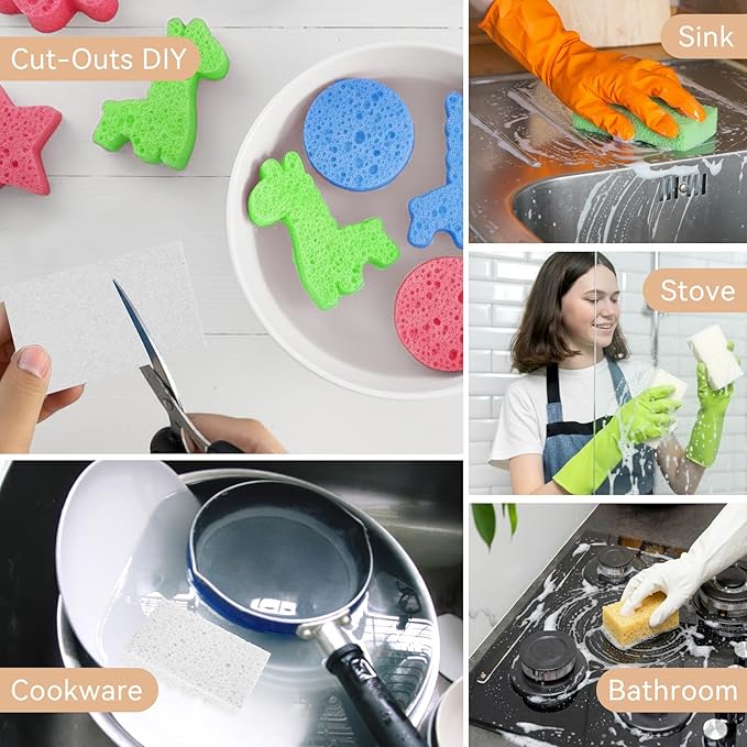 Mkobon 6 Pcs Kitchen Sponges for Dishes Cleaning, Non Scratch for Non Stick Cookware, Compressed Natural Cellulose Sponges, Dish Washing Scrubbers, Scrubbing Pads for Household, Bathroom (Multicolor)