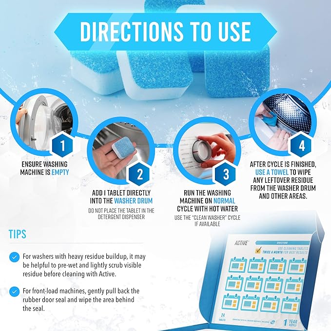 ACTIVE Washing Machine And Dishwasher Cleaning Tablets Bundle - Includes 12 Month Supply Dishwasher Cleaner Deodorizer & Washing Machine Descaler Deep Cleaning Tablets - 48 Tablet Set