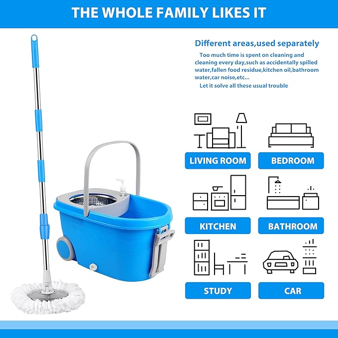 Mop and Bucket with Wringer Set for Home,360° Spin Mop and Bucket on Wheels and 3 Microfiber Mop Refills, Stainless Steel 61" Extended Handle Spinning Mop Bucket System for Floor Cleaning