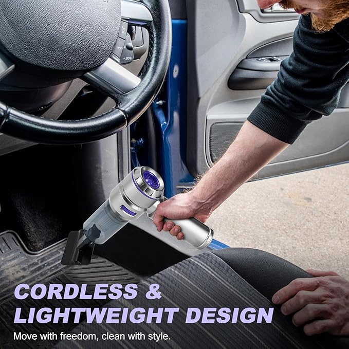TianJQiS Handheld Car Vacuum Portable Cordless - 18000PA High Power with Brushless Motor, 4-in-1 Air Duster, Blower, Pump & Rechargeable Mini Vacuum for Car, Home, Office (Silver Grey+Blue)