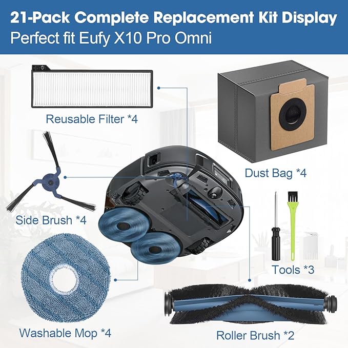 DrRobor 21-Pack X10 Pro Omni Replacement Accessories Kit Compatible with Eufy X10 Pro Omni Robot Vacuum Cleaner Includes Main Brushes, Filters, Dust Bags, Mop Pads, Side Brushes, Cleaning Tools